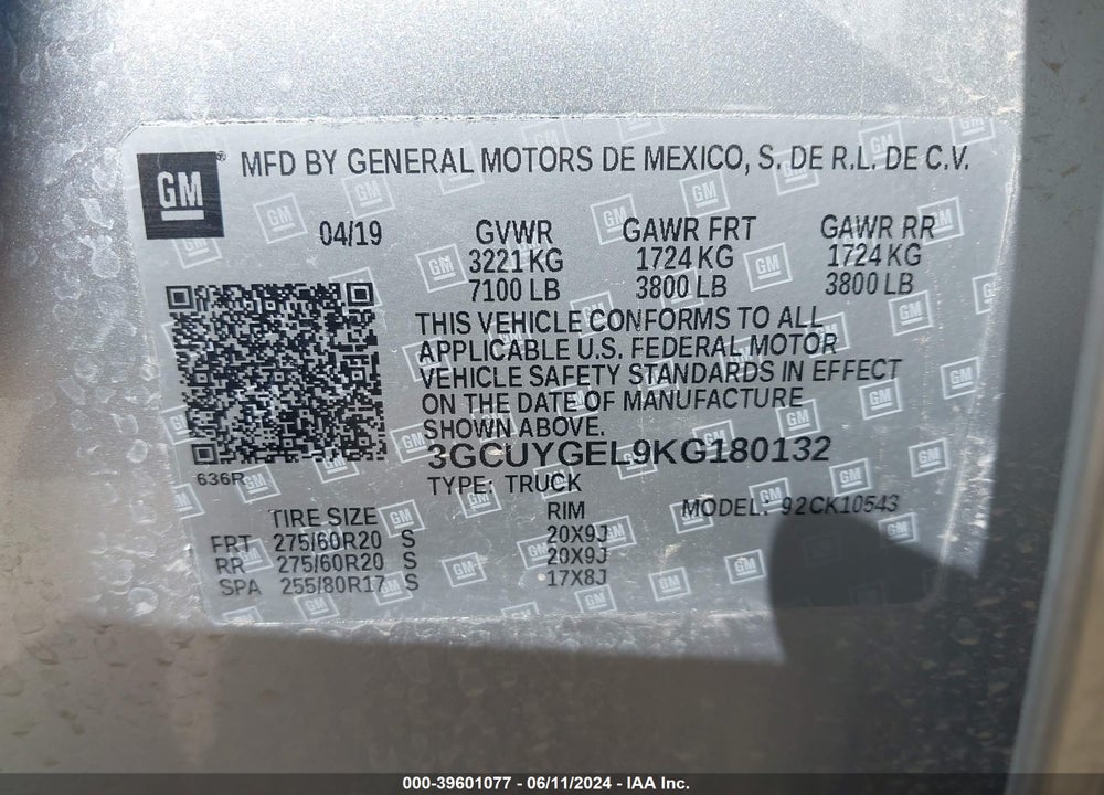 2019 CHEVROLET SILVERADO 1500 LTZ VIN: 3GCUYGEL9KG180132
