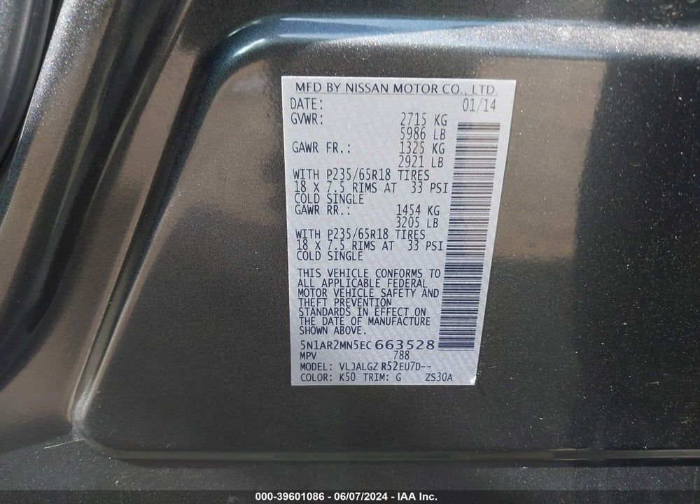 2014 NISSAN PATHFINDER SL VIN: 5N1AR2MN5EC663528