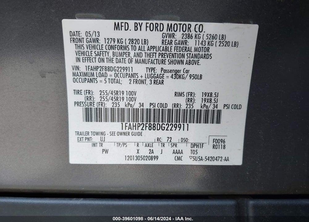 2013 FORD TAURUS LIMITED VIN: 1FAHP2F88DG229911