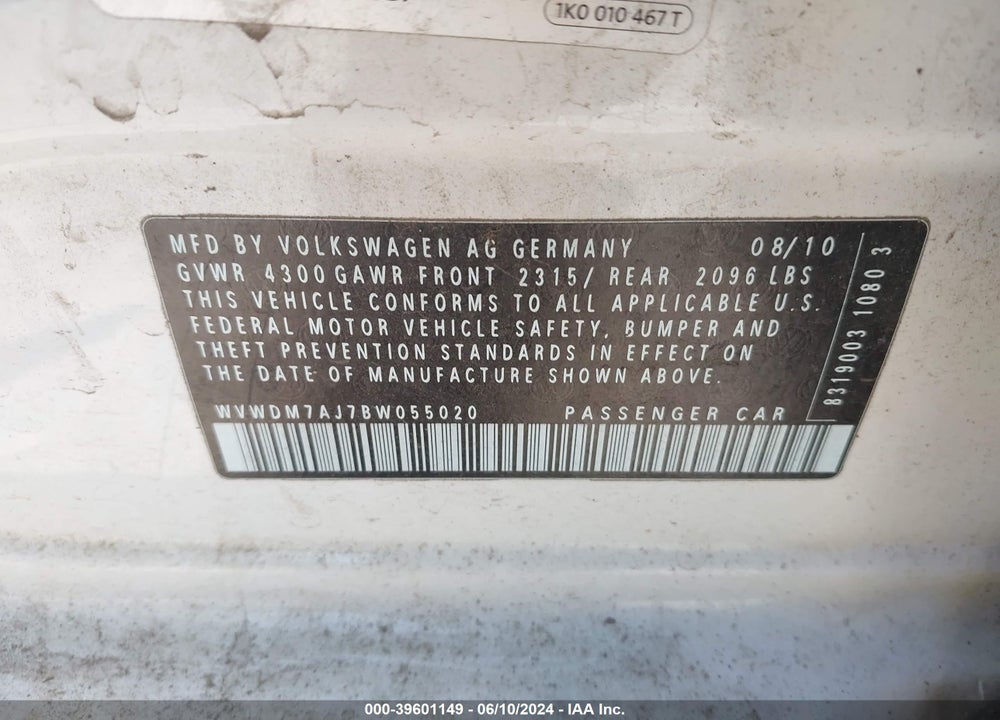 2011 VOLKSWAGEN GOLF TDI 4-DOOR VIN: WVWDM7AJ7BW055020