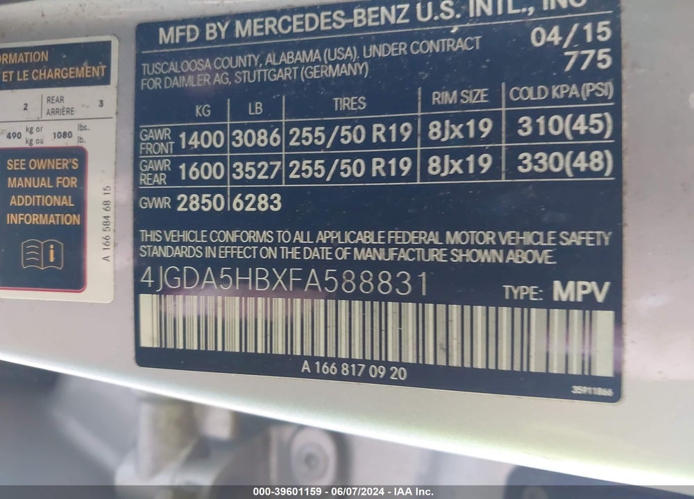 2015 MERCEDES-BENZ ML 350 4MATIC VIN: 4JGDA5HBXFA588831