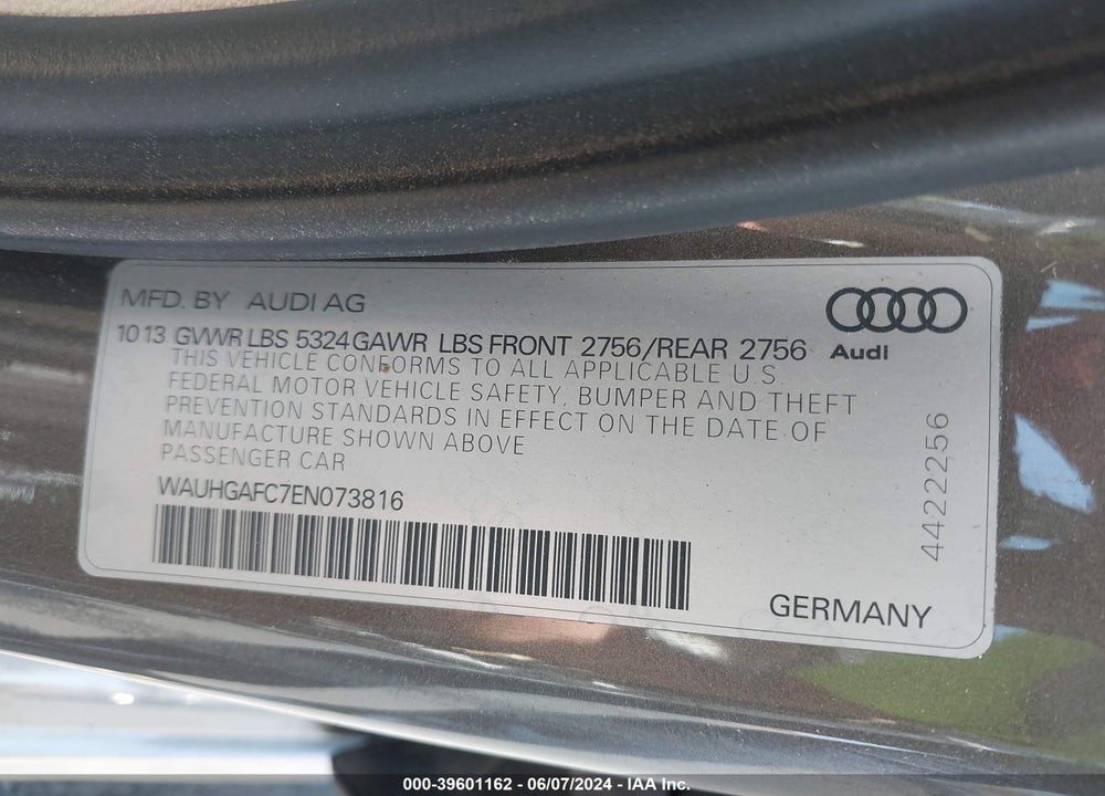 2014 AUDI A6 3.0T PREMIUM PLUS VIN: WAUHGAFC7EN073816