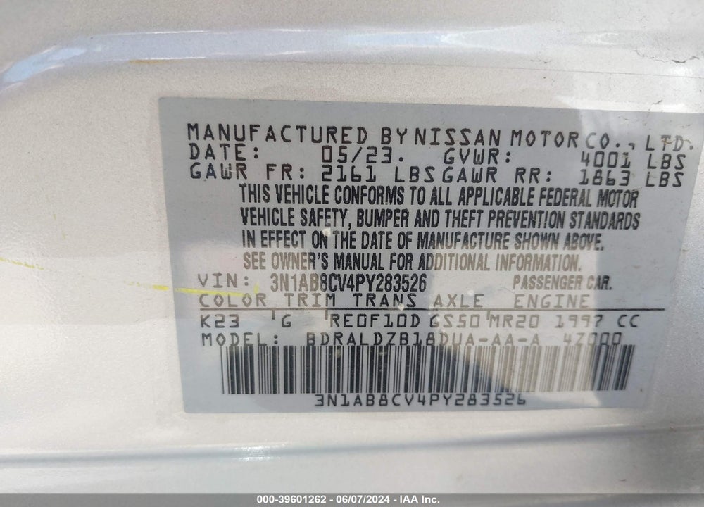2023 NISSAN SENTRA SV XTRONIC CVT VIN: 3N1AB8CV4PY283526