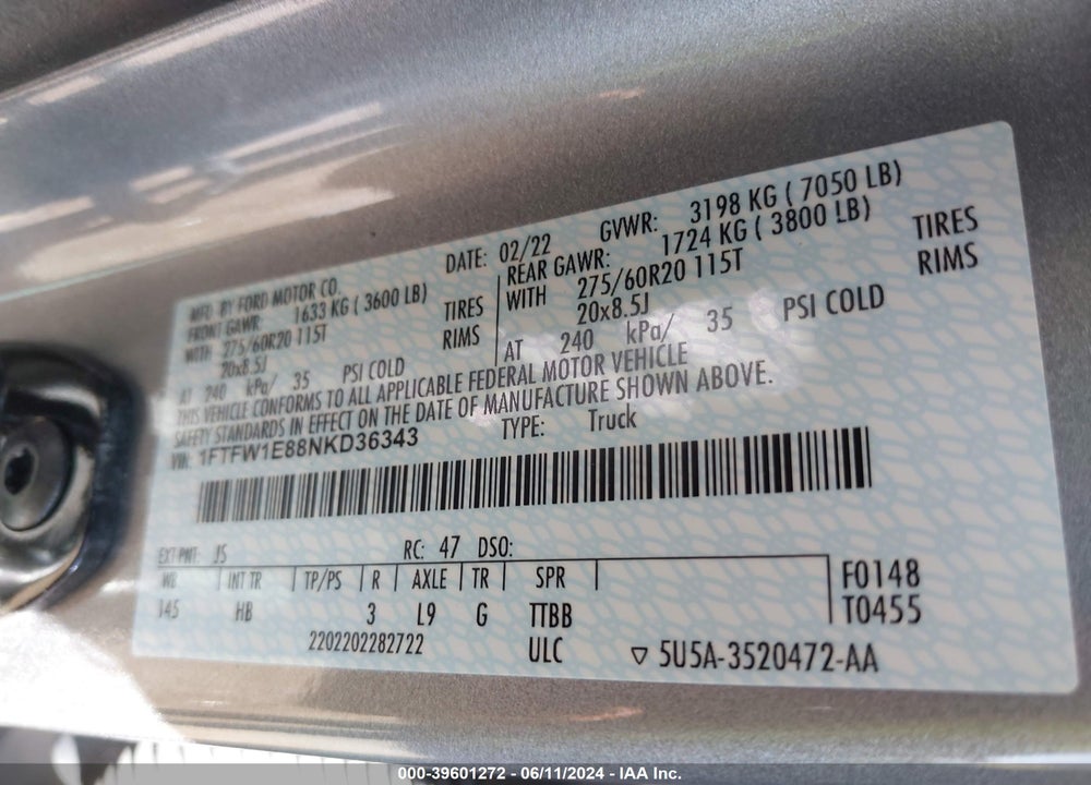 2022 FORD F-150 LARIAT VIN: 1FTFW1E88NKD36343