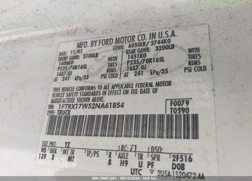 2002 FORD F-150 LARIAT/XL/XLT VIN: 1FTRX17W52NA61854