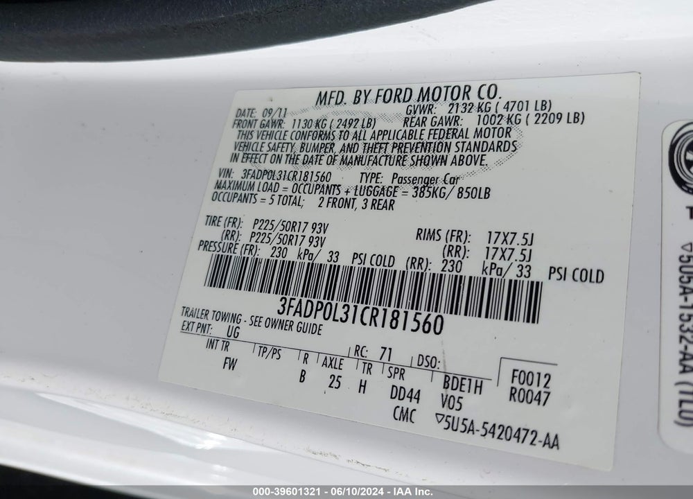 2012 FORD FUSION HYBRID VIN: 3FADP0L31CR181560
