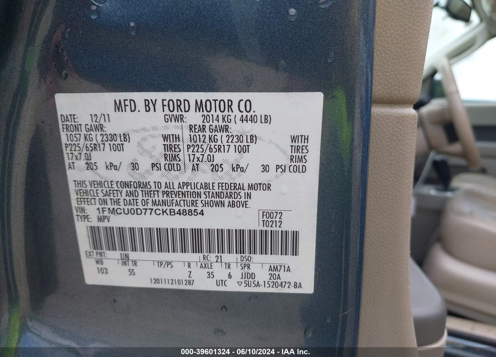 2012 FORD ESCAPE XLT VIN: 1FMCU0D77CKB48854