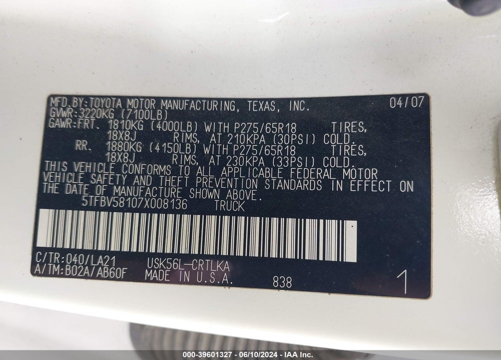 2007 TOYOTA TUNDRA LIMITED 5.7L V8 VIN: 5TFBV58107X008136
