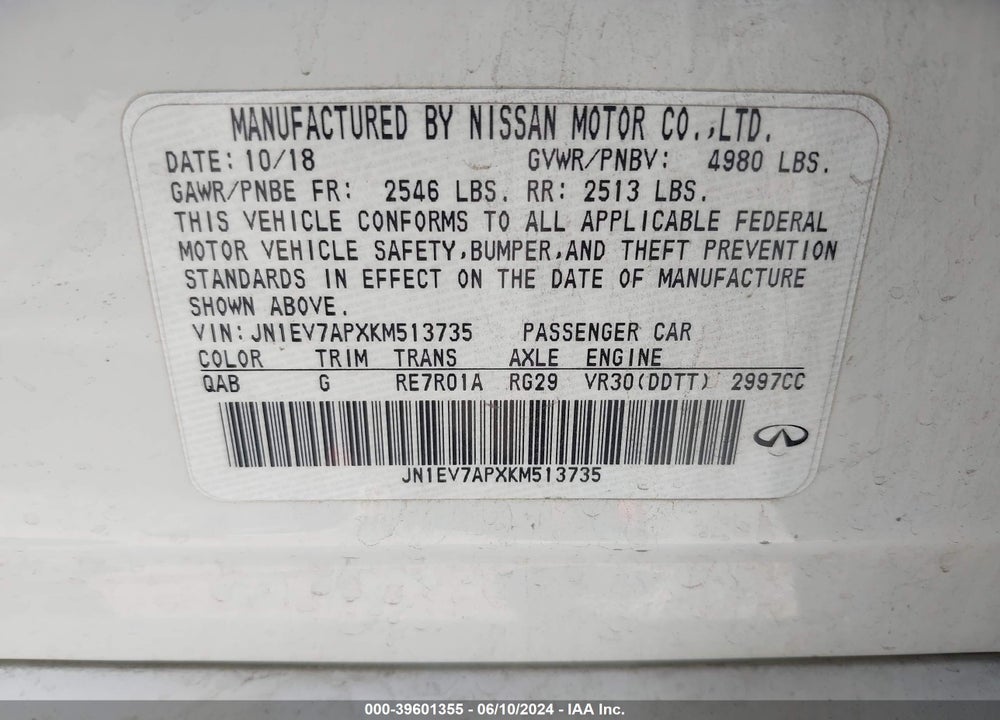 2019 INFINITI Q50 3.0T SPORT VIN: JN1EV7APXKM513735