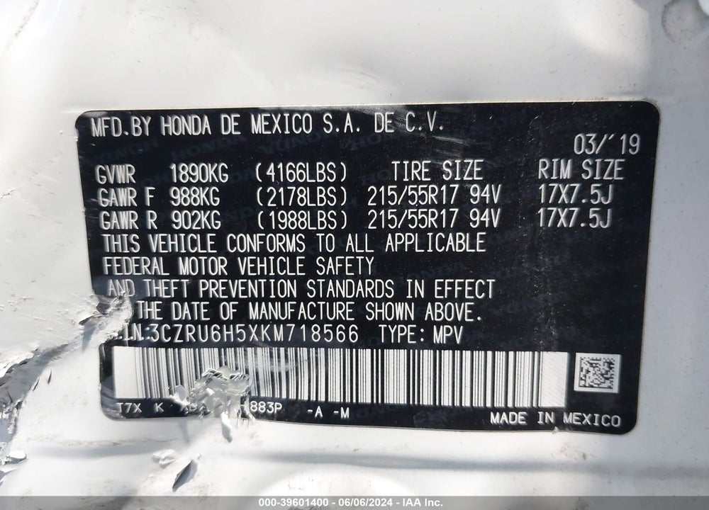 2019 HONDA HR-V EX VIN: 3CZRU6H5XKM718566