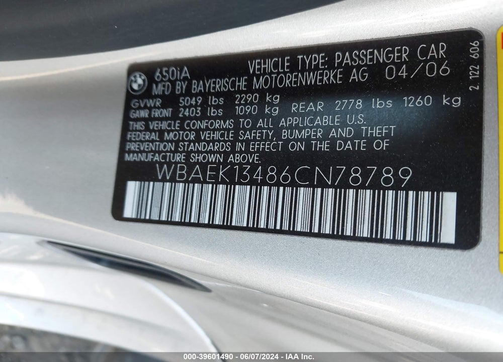 2006 BMW 650I VIN: WBAEK13486CN78789
