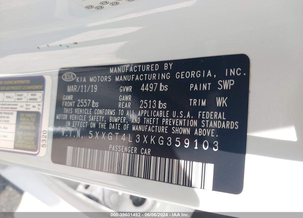 2019 KIA OPTIMA S VIN: 5XXGT4L3XKG359103