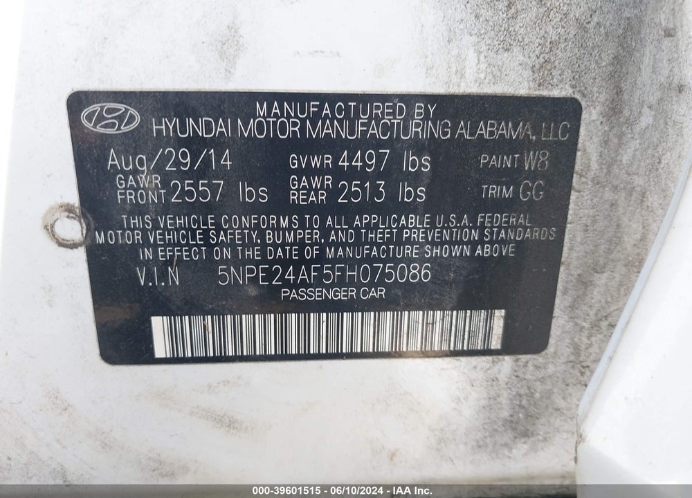 2015 HYUNDAI SONATA SE VIN: 5NPE24AF5FH075086
