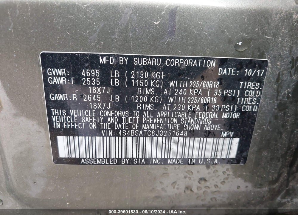 2018 SUBARU OUTBACK 2.5I TOURING VIN: 4S4BSATC8J3251648