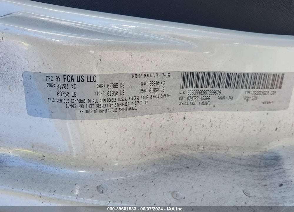 2016 FIAT 500E BATTERY ELECTRIC VIN: 3C3CFFGE9GT229679