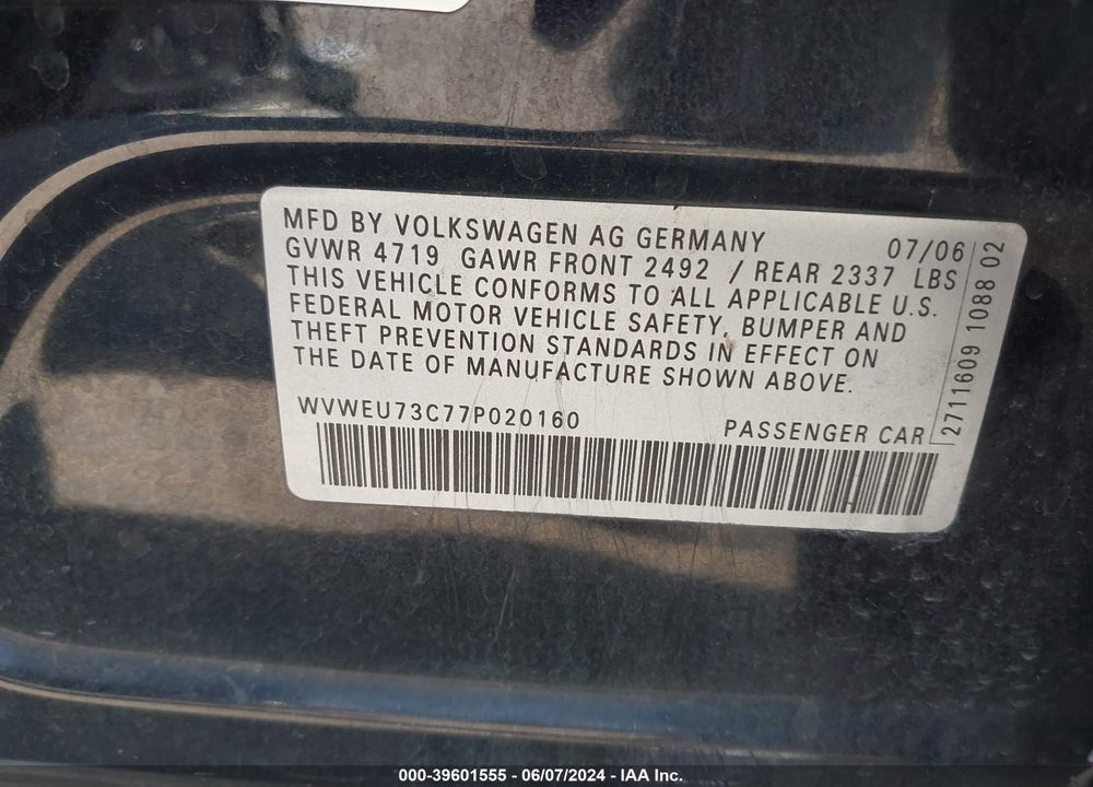 2007 VOLKSWAGEN PASSAT 3.6 VIN: WVWEU73C77P020160