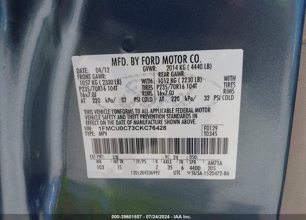 2012 FORD ESCAPE XLS VIN: 1FMCU0C73CKC76428