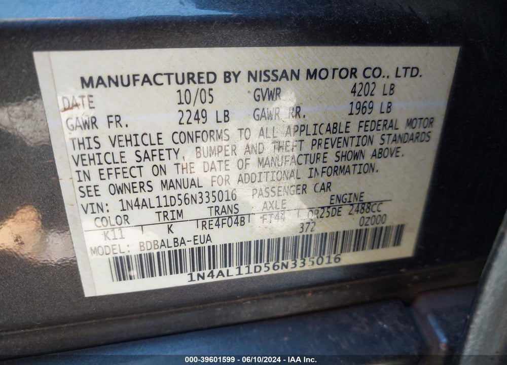 2006 NISSAN ALTIMA 2.5 S VIN: 1N4AL11D56N335016