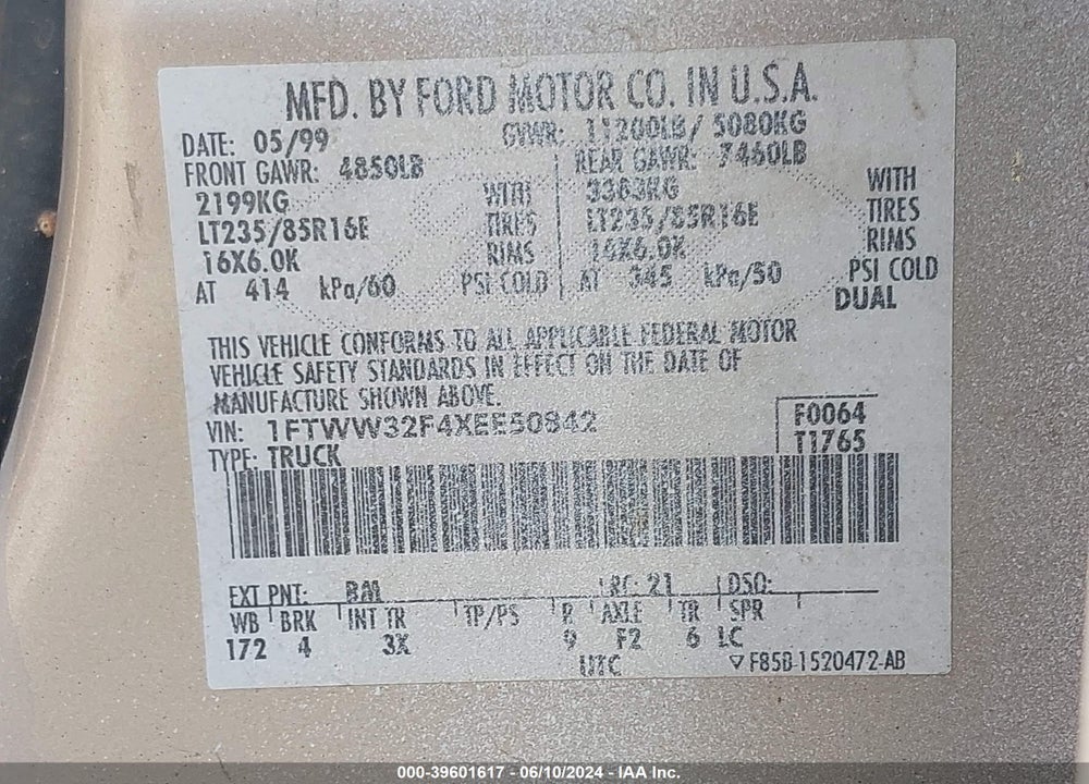 1999 FORD F-350 LARIAT/XL/XLT VIN: 1FTWW32F4XEE50842