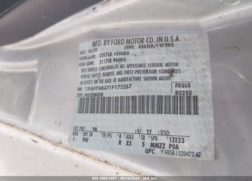 2001 FORD MUSTANG VIN: 1FAFP40471F175267