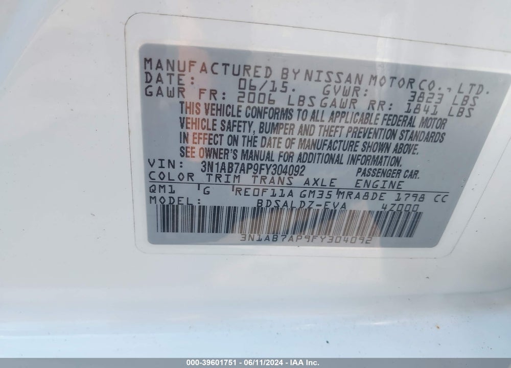 2015 NISSAN SENTRA SV VIN: 3N1AB7AP9FY304092