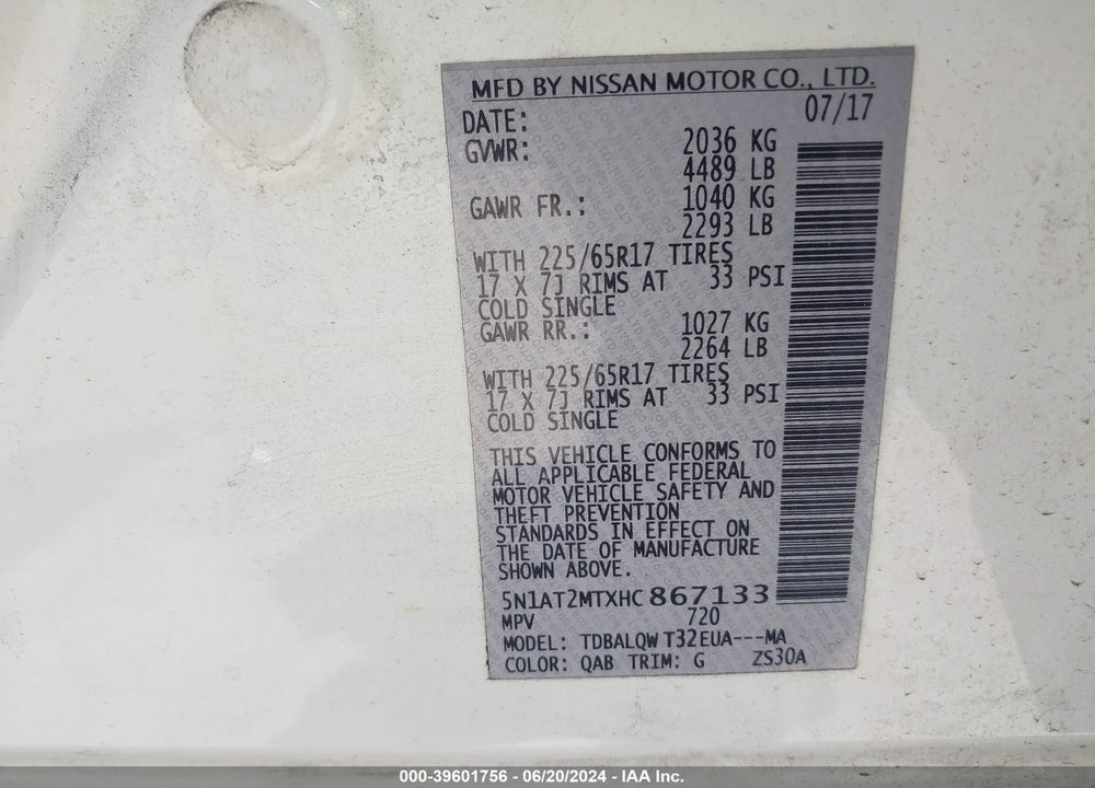 2017 NISSAN ROGUE SV VIN: 5N1AT2MTXHC867133