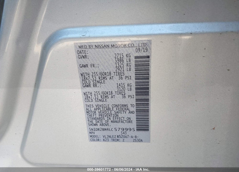 2020 NISSAN PATHFINDER SV 4WD VIN: 5N1DR2BM4LC579995