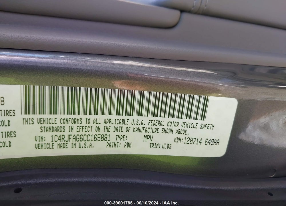 2012 JEEP GRAND CHEROKEE LAREDO VIN: 1C4RJFAG6CC165881