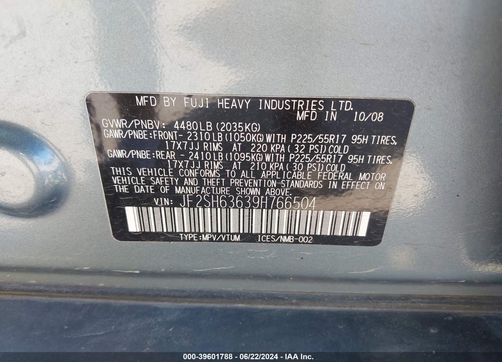 2009 SUBARU FORESTER 2.5X VIN: JF2SH63639H766504