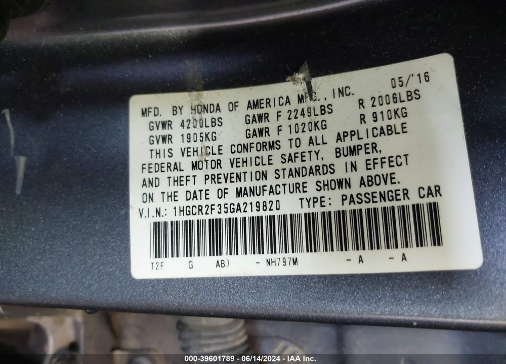 2016 HONDA ACCORD LX VIN: 1HGCR2F35GA219820