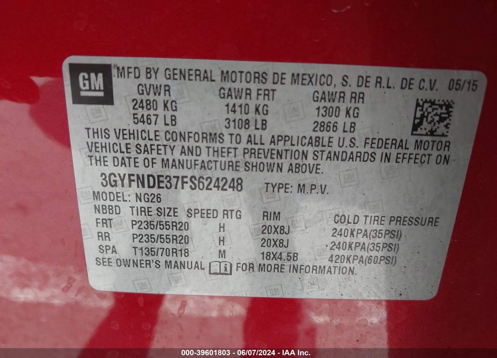 2015 CADILLAC SRX PREMIUM COLLECTION VIN: 3GYFNDE37FS624248