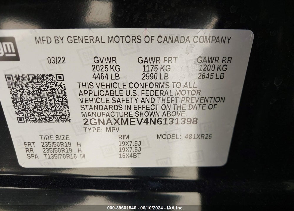 2022 CHEVROLET EQUINOX FWD RS VIN: 2GNAXMEV4N6131398