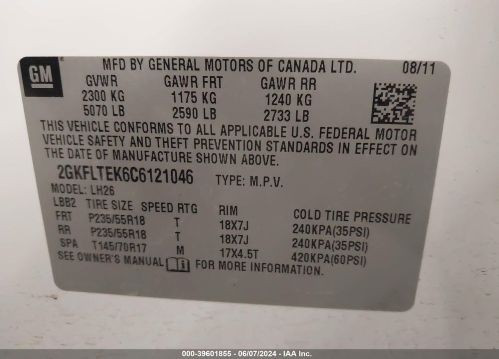 2012 GMC TERRAIN SLE-2 VIN: 2GKFLTEK6C6121046