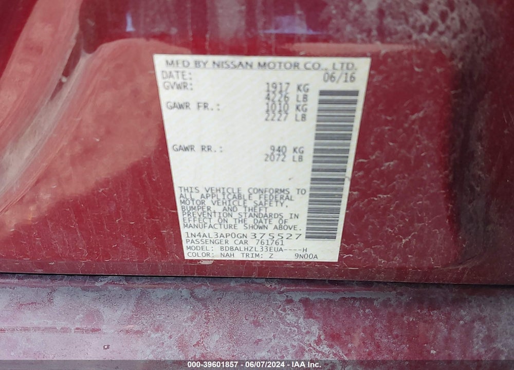 2016 NISSAN ALTIMA VIN: 1N4AL3AP0GN375527