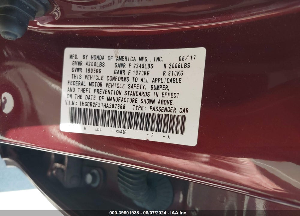 2017 HONDA ACCORD LX VIN: 1HGCR2F31HA287968