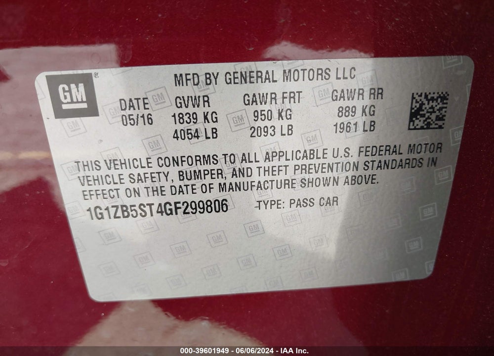 2016 CHEVROLET MALIBU LS VIN: 1G1ZB5ST4GF299806