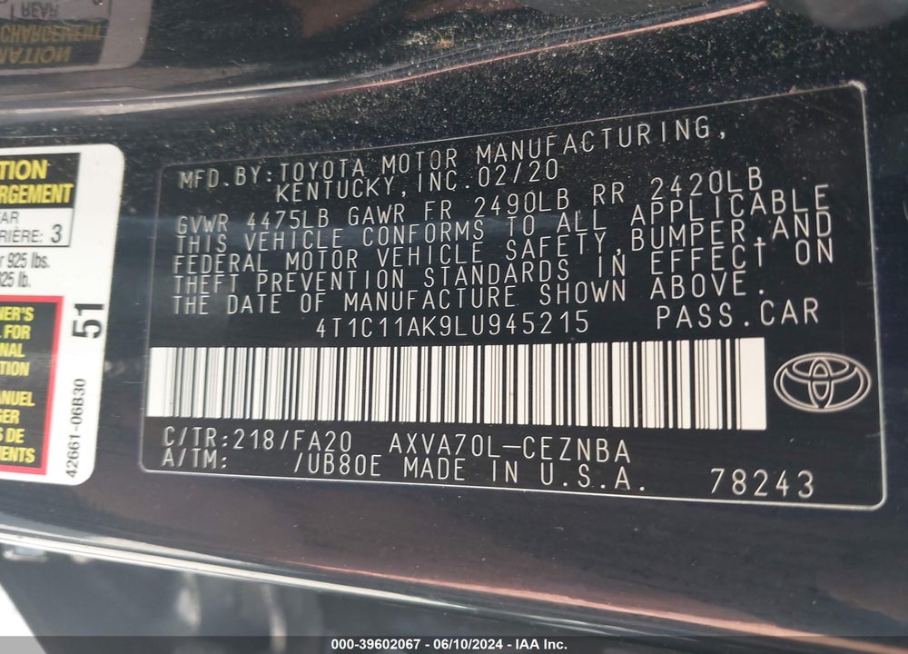 2020 TOYOTA CAMRY LE VIN: 4T1C11AK9LU945215