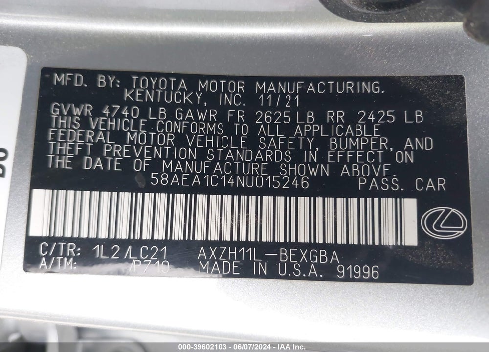 2022 LEXUS ES 300H VIN: 58AEA1C14NU015246