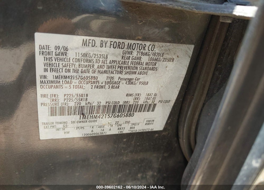 2007 MERCURY MONTEGO PREMIER VIN: 1MEHM42157G605880