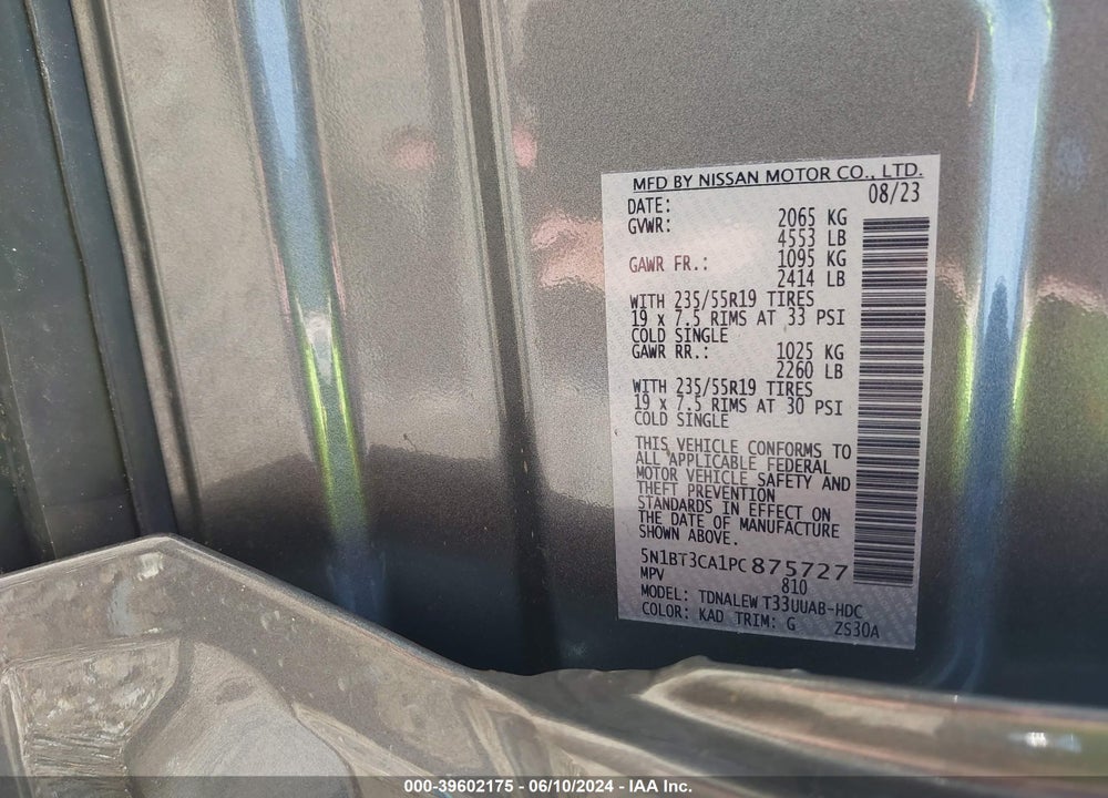 2023 NISSAN ROGUE SL FWD VIN: 5N1BT3CA1PC875727