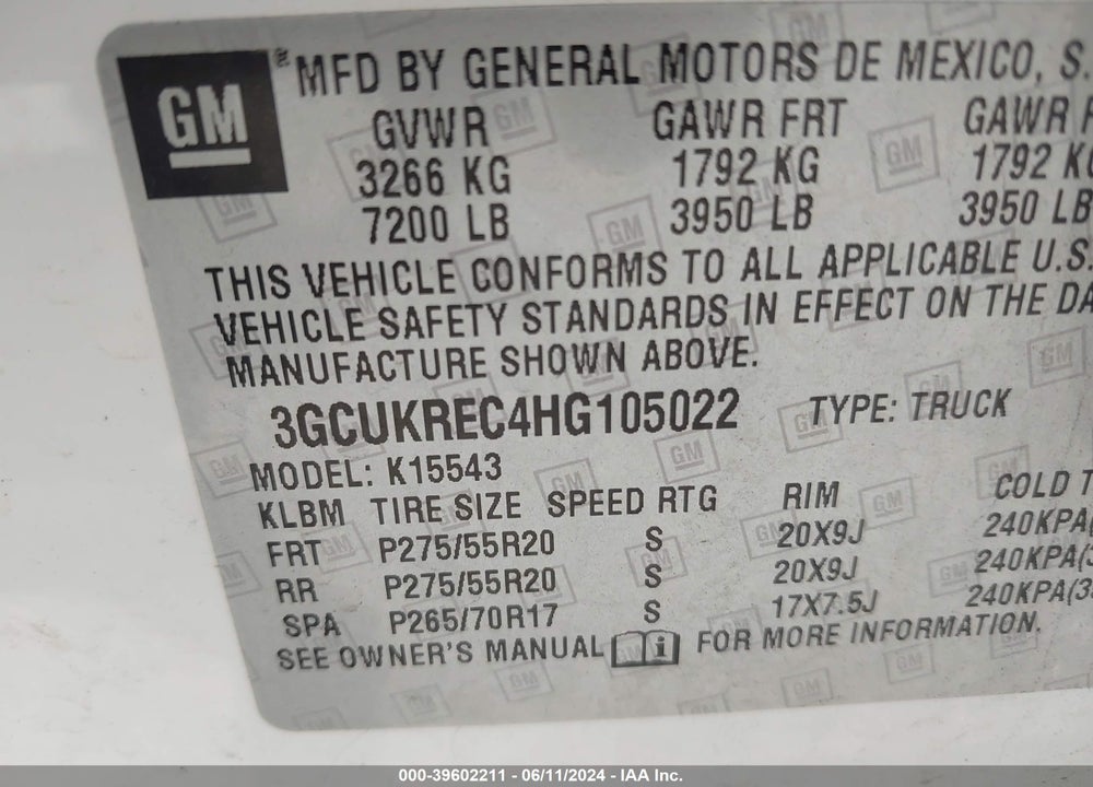 2017 CHEVROLET SILVERADO 1500 2LT VIN: 3GCUKREC4HG105022