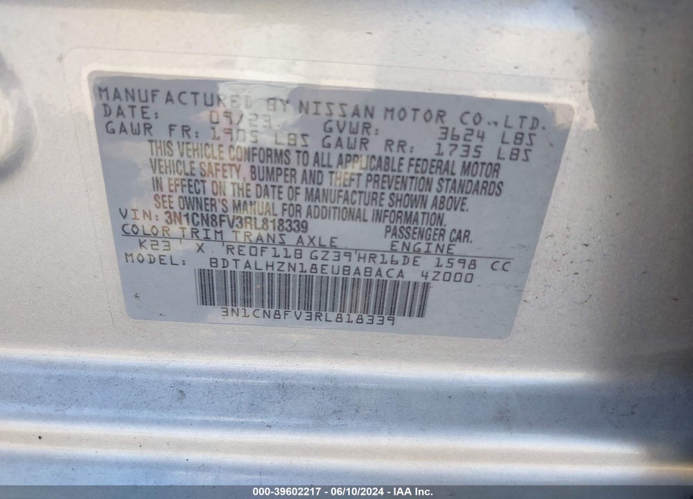 2024 NISSAN VERSA 1.6 SR VIN: 3N1CN8FV3RL818339