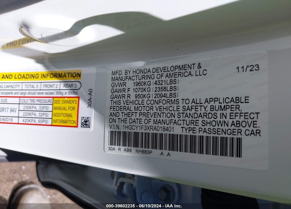 2024 HONDA ACCORD EX VIN: 1HGCY1F3XRA018401
