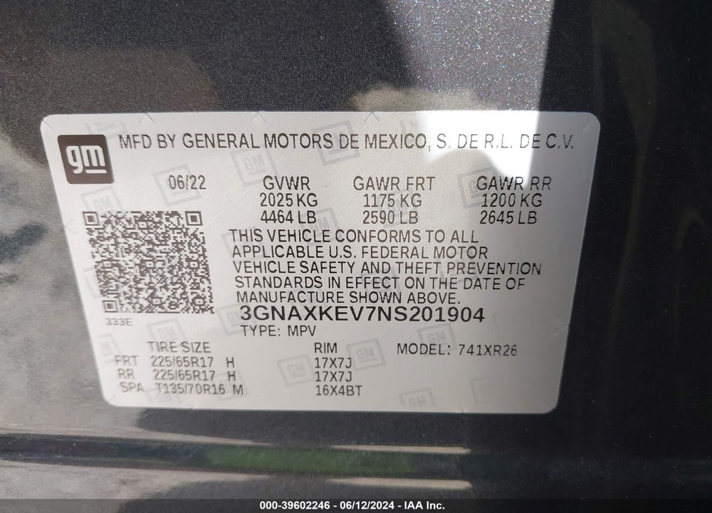 2022 CHEVROLET EQUINOX FWD LT VIN: 3GNAXKEV7NS201904
