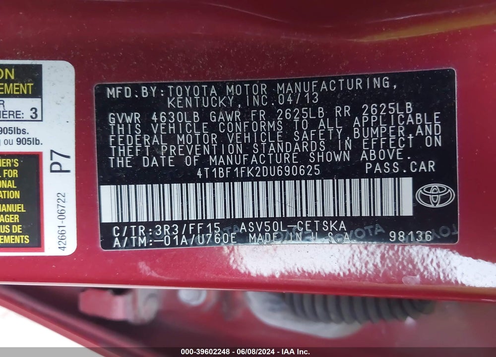 2013 TOYOTA CAMRY SE VIN: 4T1BF1FK2DU690625