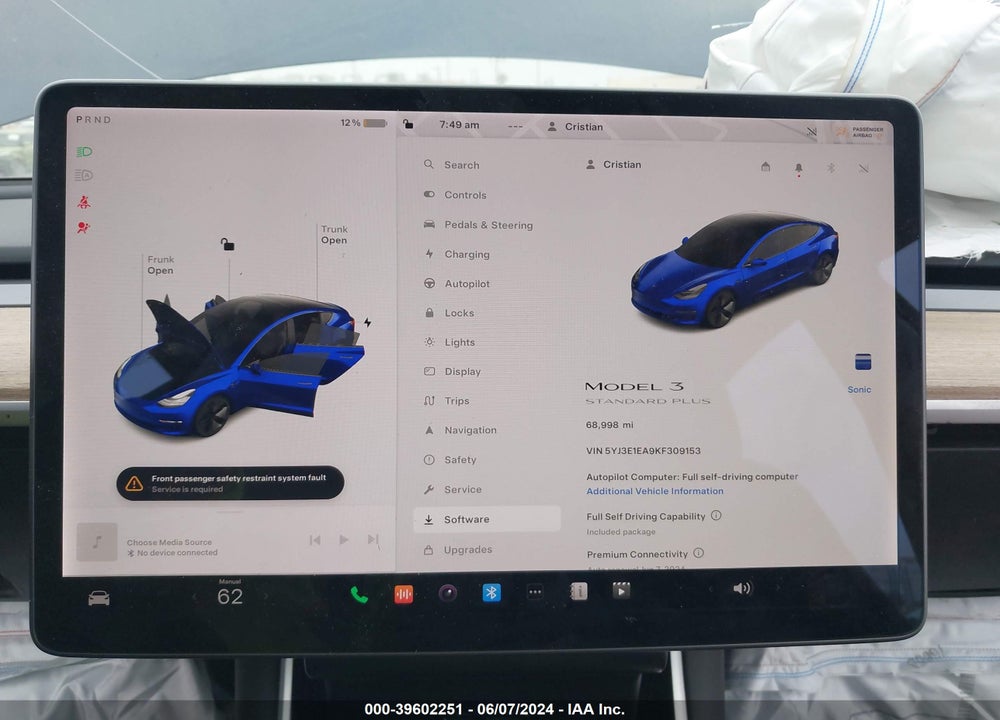 2019 TESLA MODEL 3 LONG RANGE/MID RANGE/STANDARD RANGE/STANDARD RANGE PLUS VIN: 5YJ3E1EA9KF309153