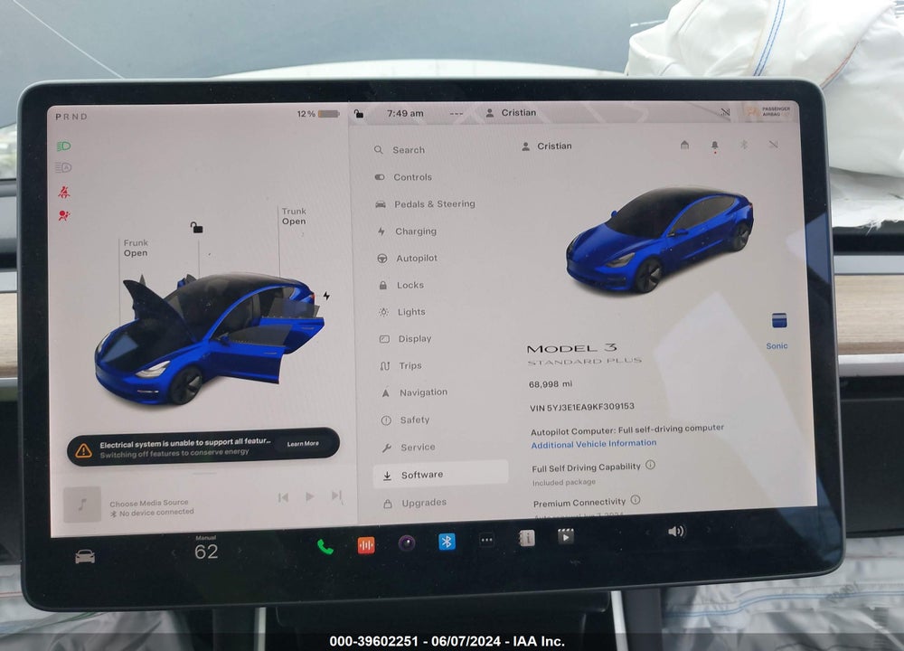 2019 TESLA MODEL 3 LONG RANGE/MID RANGE/STANDARD RANGE/STANDARD RANGE PLUS VIN: 5YJ3E1EA9KF309153
