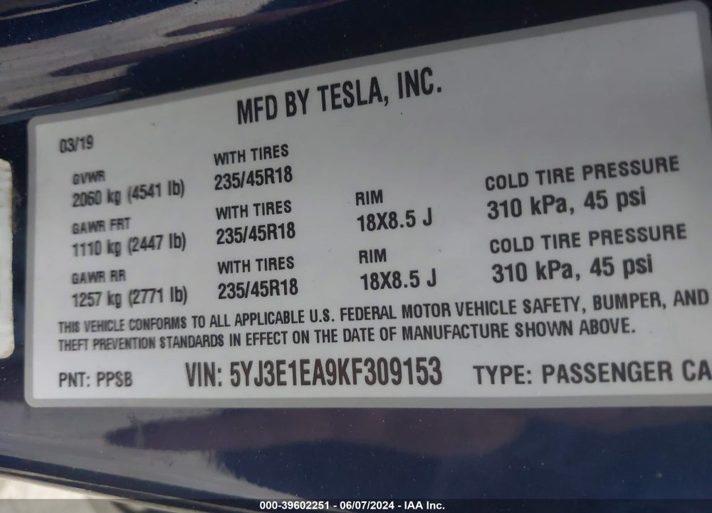 2019 TESLA MODEL 3 LONG RANGE/MID RANGE/STANDARD RANGE/STANDARD RANGE PLUS VIN: 5YJ3E1EA9KF309153