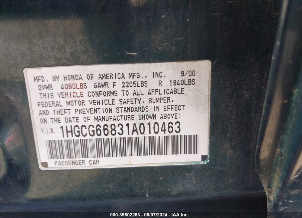 2001 HONDA ACCORD VIN: 1HGCG66831A010463