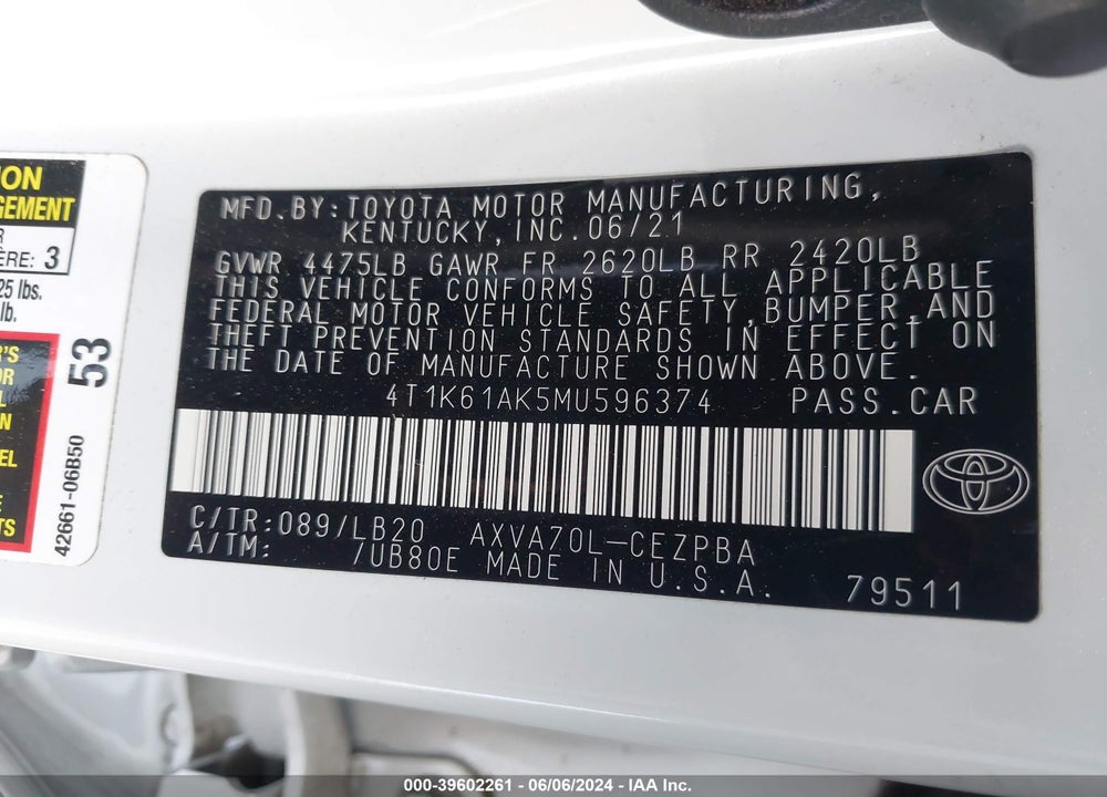 2021 TOYOTA CAMRY XSE VIN: 4T1K61AK5MU596374